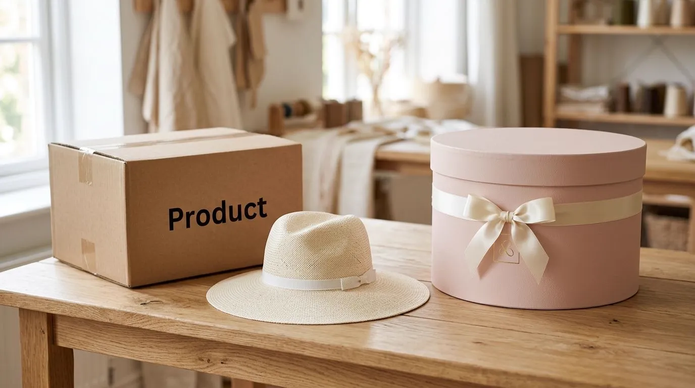 A straw hat sits on a wooden table between a cardboard shipping box and a pink hat box.