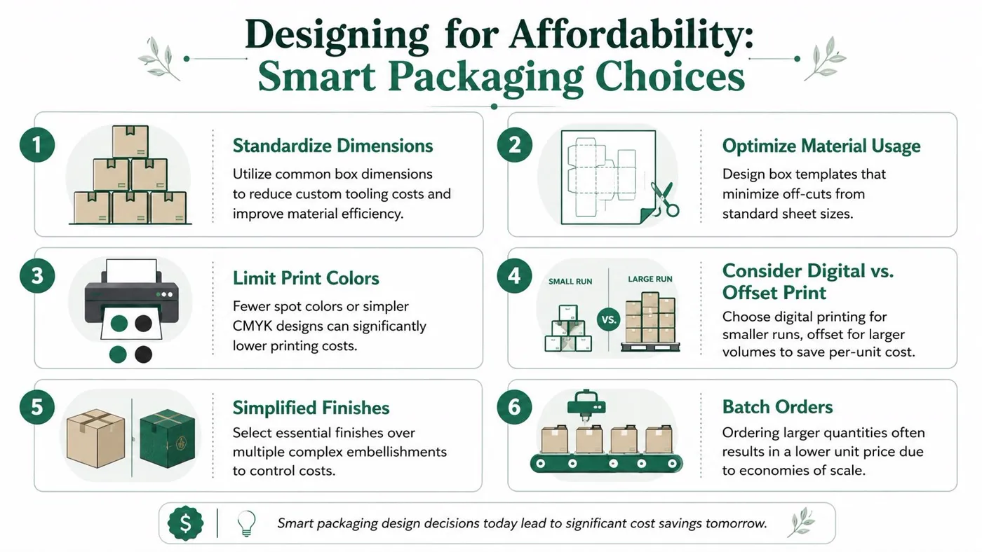 An infographic titled Designing for Affordability outlining six smart packaging tips for cost-effective manufacturing decisions.