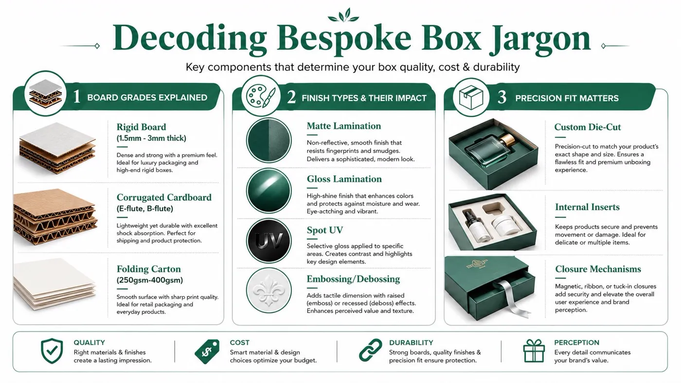 An infographic titled Decoding Bespoke Box Jargon, explaining various board grades, finish types, and precision packaging components.