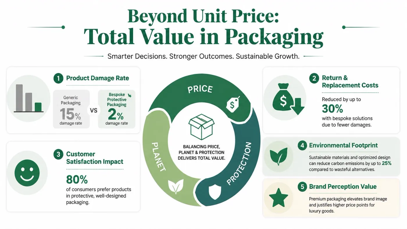 An infographic showing how bespoke protective packaging adds value beyond unit price across five key business areas.
