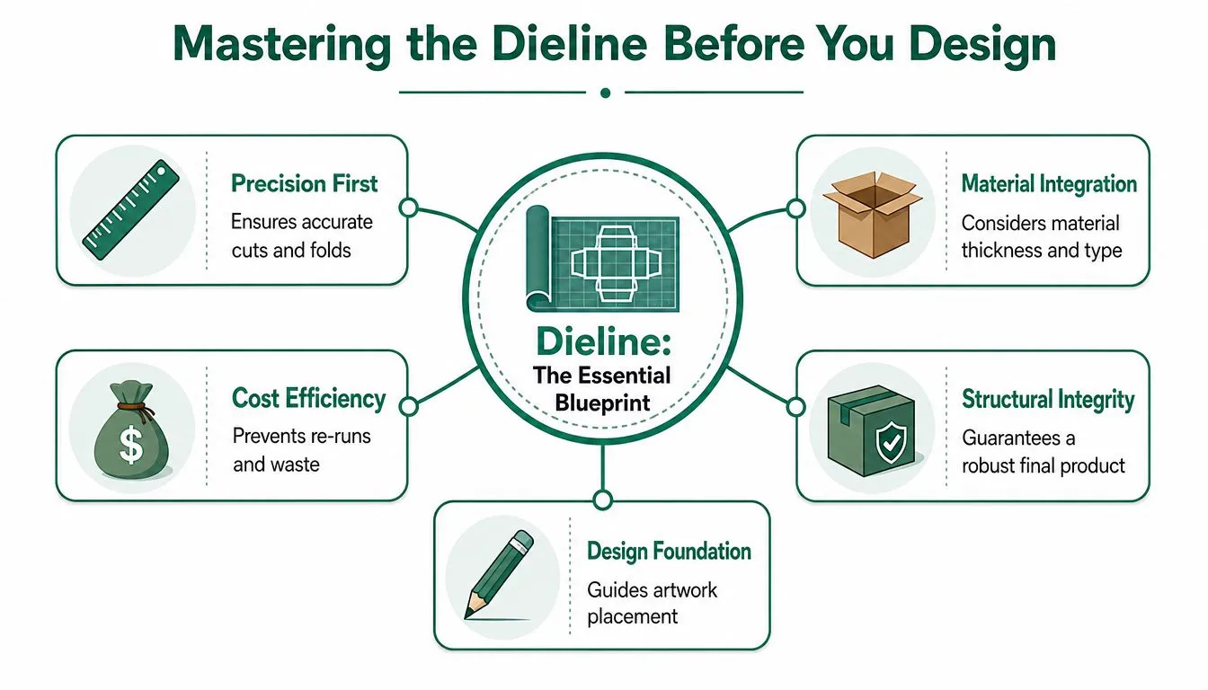 A diagram illustrating the importance of mastering dielines for accurate packaging design and structural efficiency.