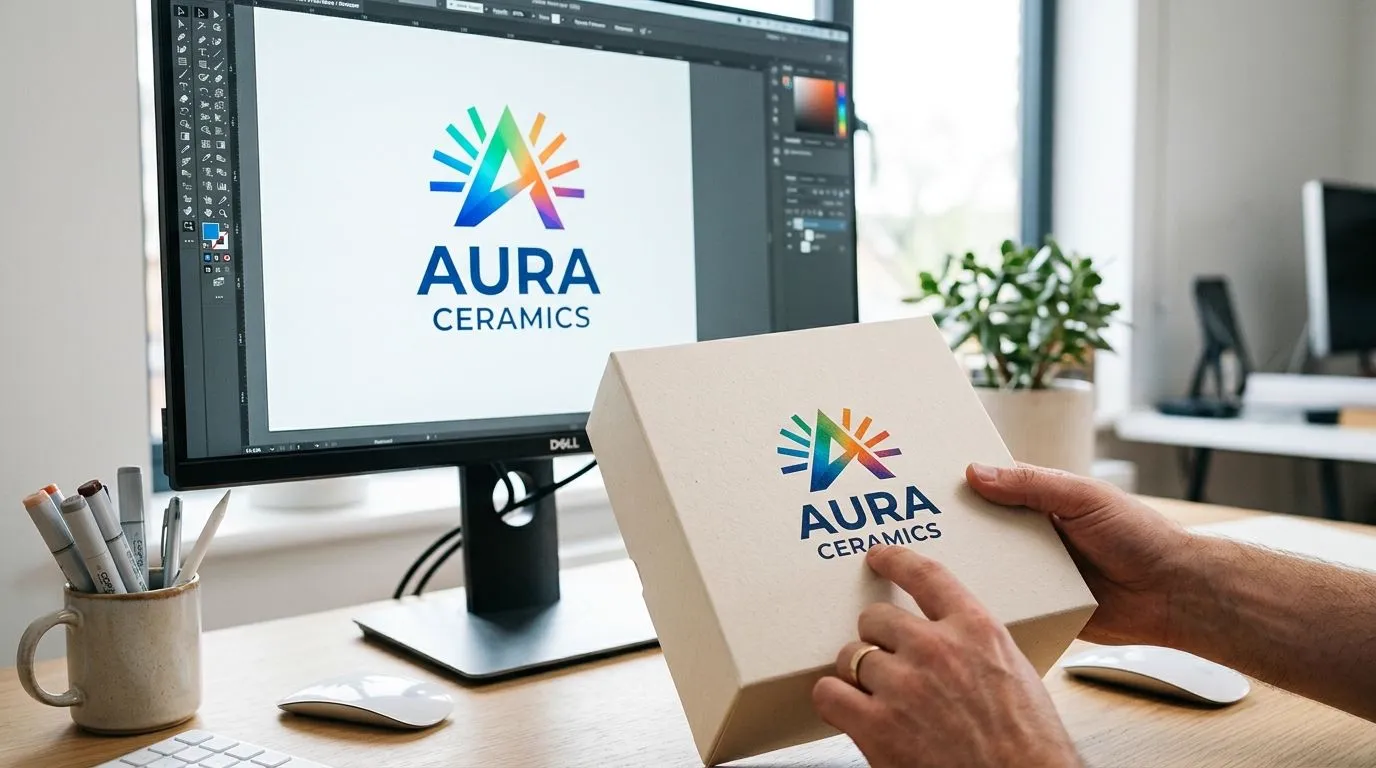 A person holding a branded ceramic box while looking at the logo design on a computer monitor.