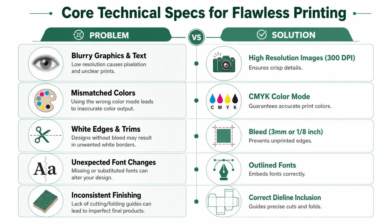 An infographic comparing common printing problems with their professional solutions for achieving high quality print results.