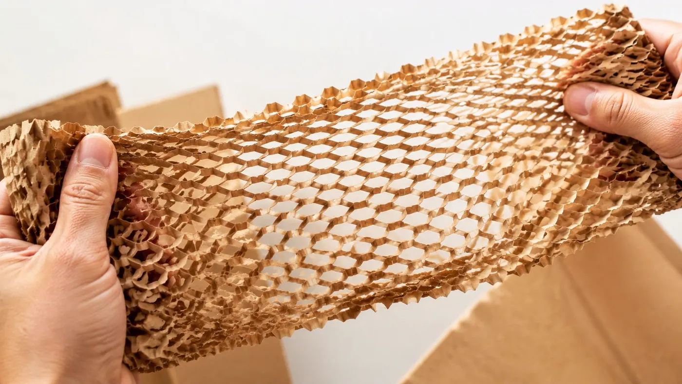 A pair of hands stretching a piece of eco-friendly brown honeycomb packaging paper over a cardboard box.