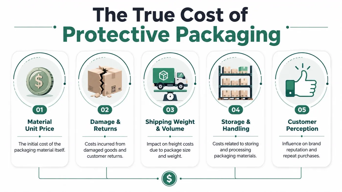 An infographic detailing five factors contributing to the true financial cost of industrial protective packaging solutions.