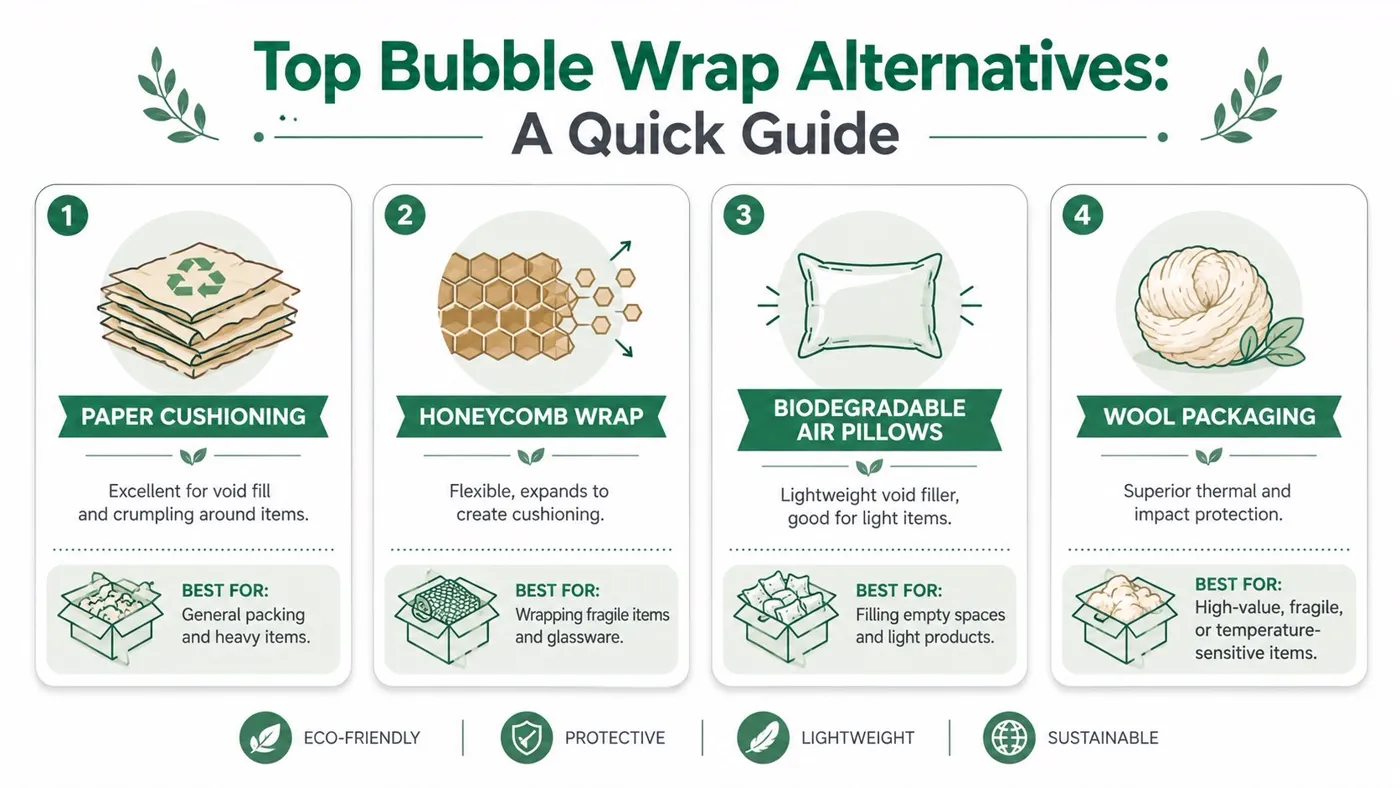 An infographic listing top eco-friendly bubble wrap alternatives including paper, honeycomb, air pillows, and wool packaging.