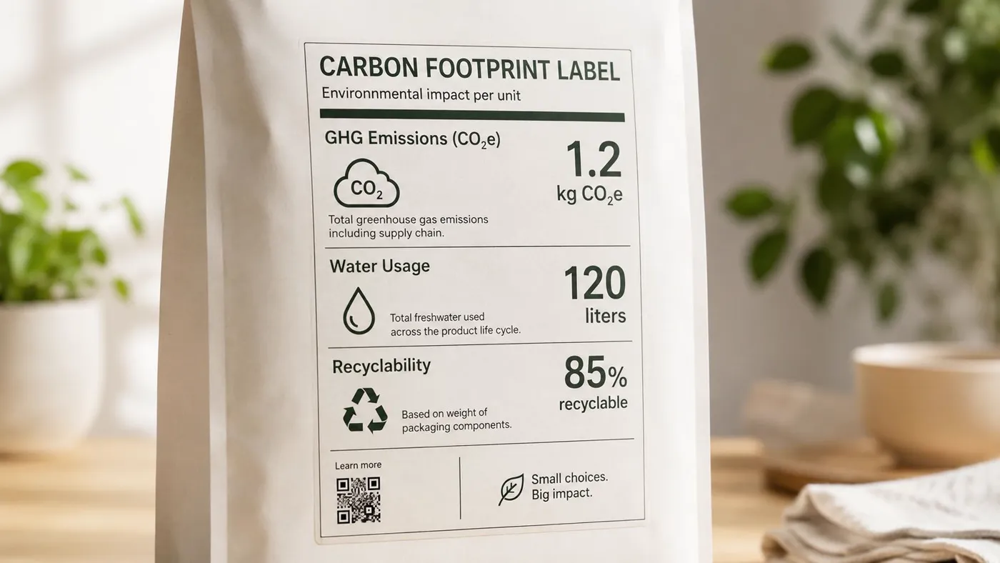 A close-up view of a product package displaying a sustainability carbon footprint label with environmental metrics.