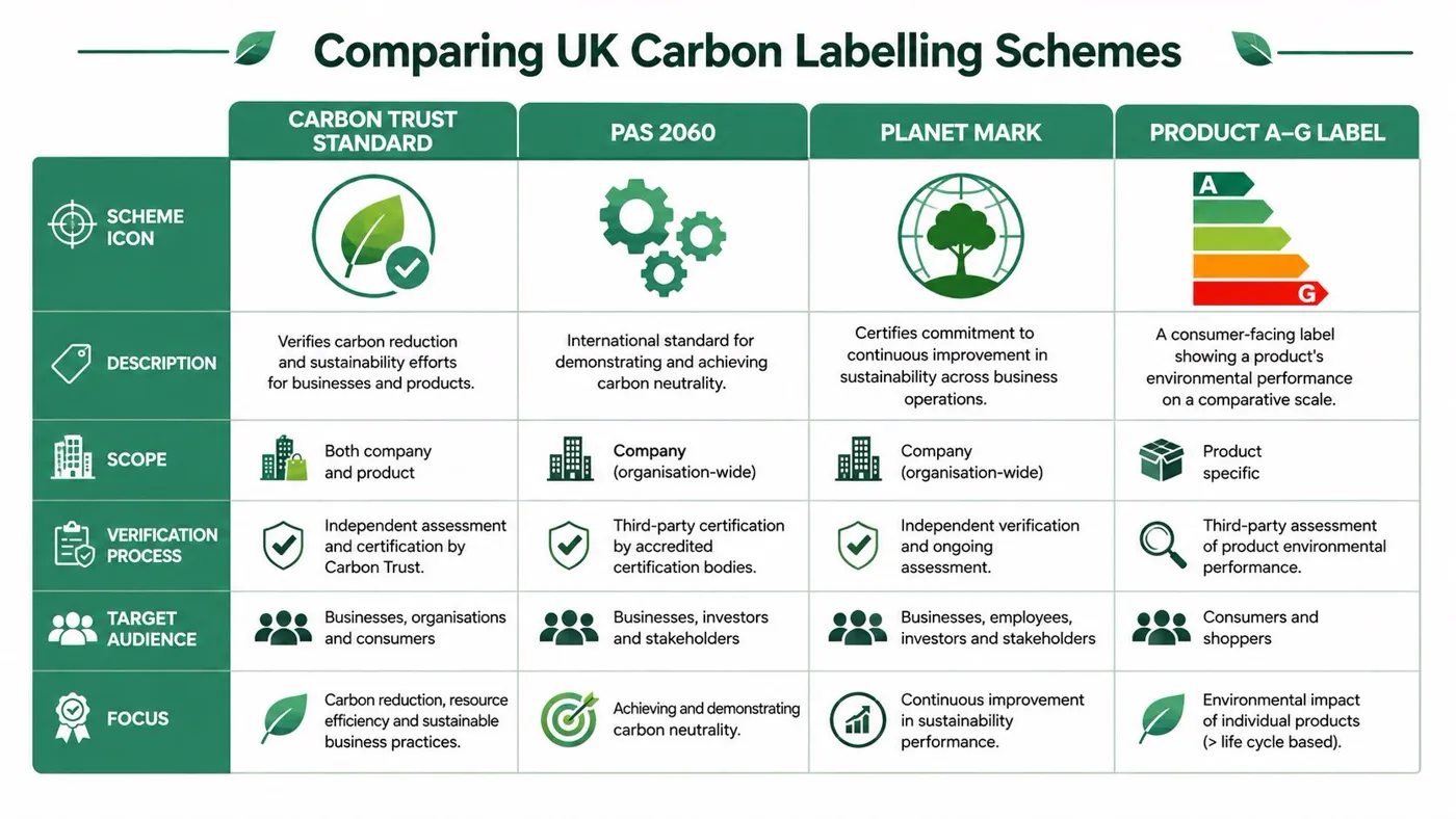 A comparative infographic detailing four different UK carbon labelling schemes including standards, scope, verification, and target audiences.