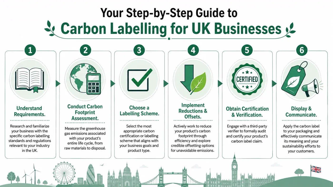 An infographic showing a six-step guide for UK businesses to implement carbon labelling on their products.