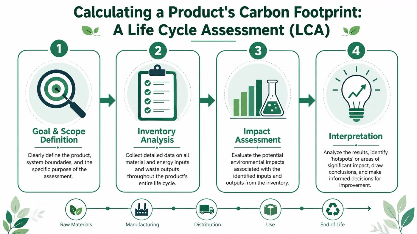 A four-step infographic illustrating the Life Cycle Assessment process used to calculate a product's carbon footprint.