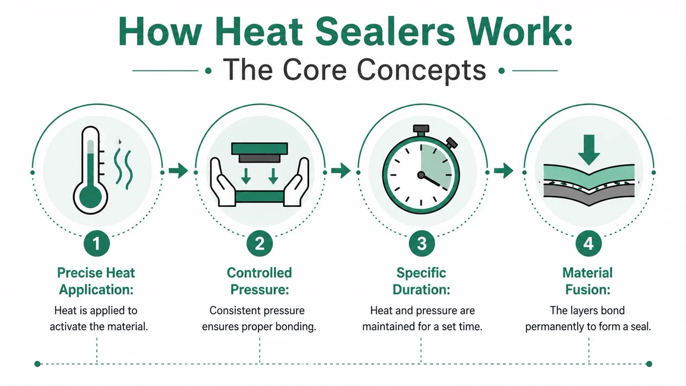 A four-step infographic explaining the technical process of how heat sealers create permanent material bonds.