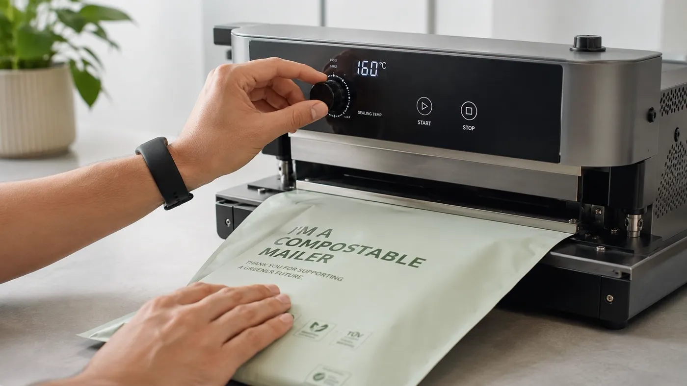 A person uses a digital heat sealing machine to seal a light green compostable mailing bag.