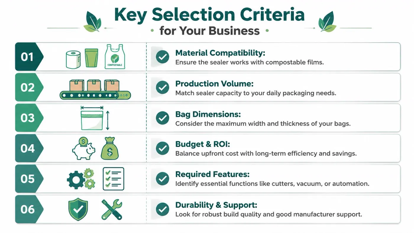 A professional infographic outlining six key criteria for businesses to consider when selecting industrial bag sealing equipment.