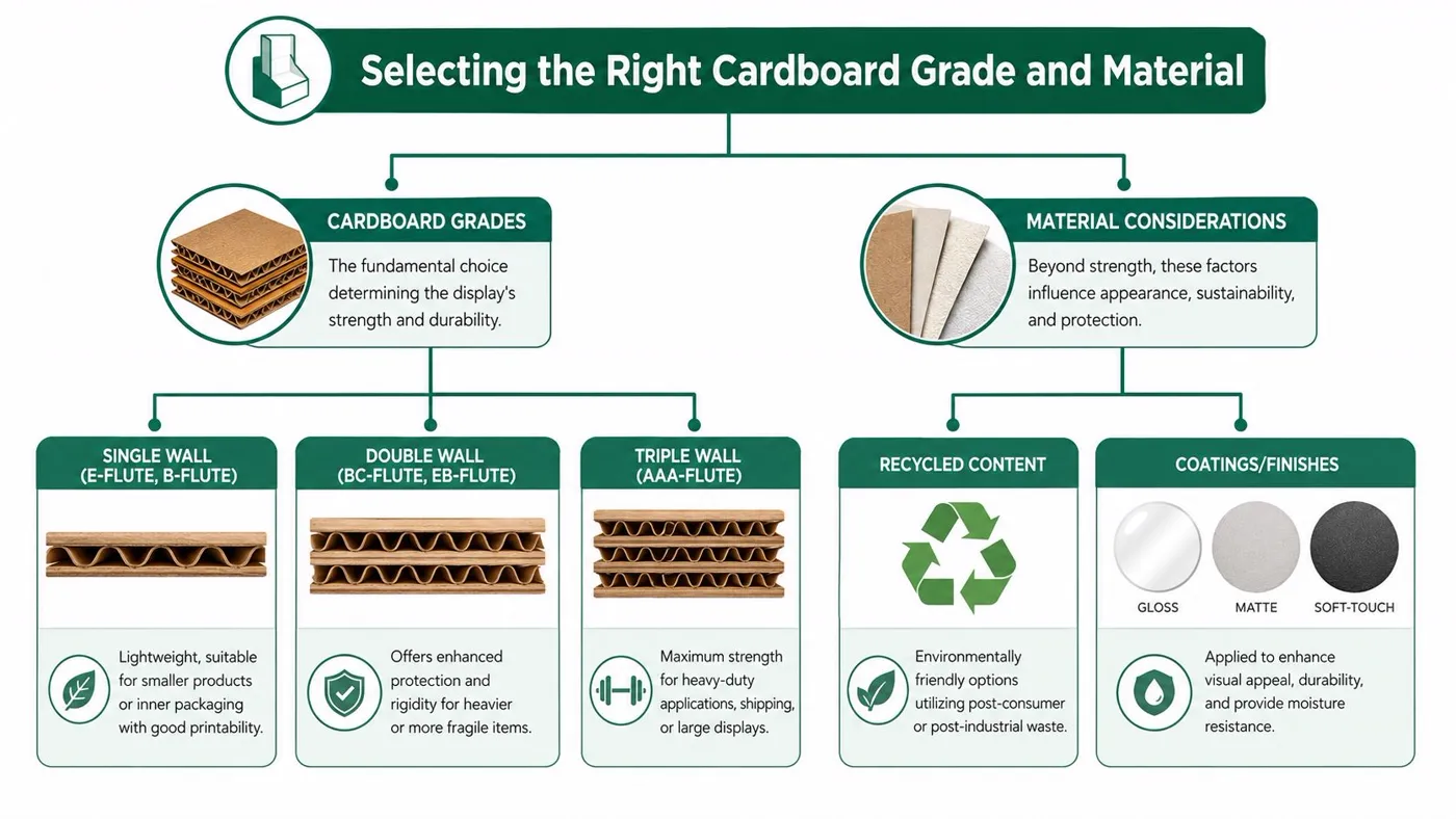 A comprehensive infographic guide explaining different cardboard grades and material options for custom display packaging.