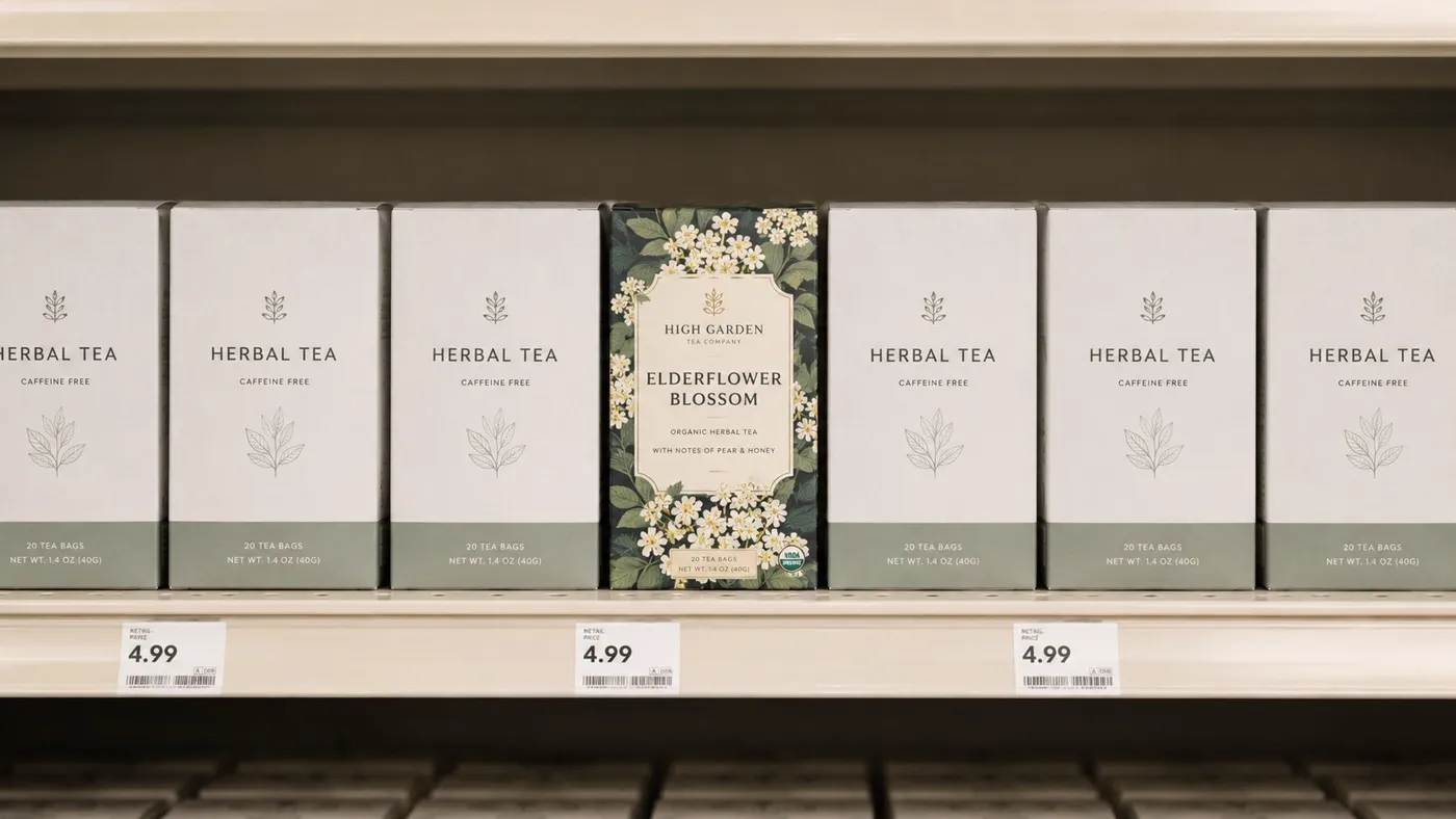 A store shelf featuring boxes of High Garden Tea Company herbal tea with an Elderflower Blossom variety.