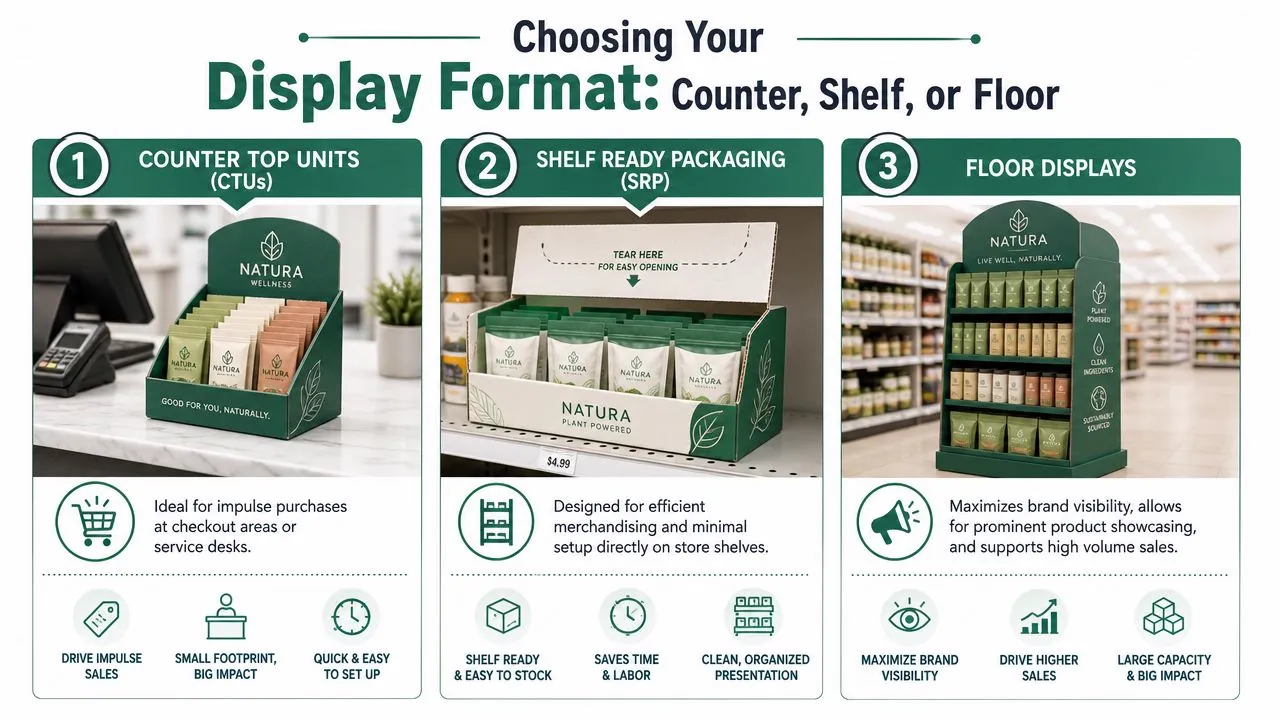 A comparison chart showing three retail display options: counter units, shelf ready packaging, and floor displays.