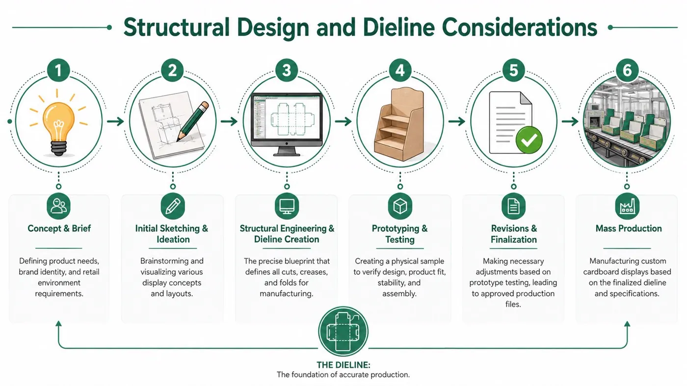 An infographic showing the six steps of designing and manufacturing custom cardboard display boxes.