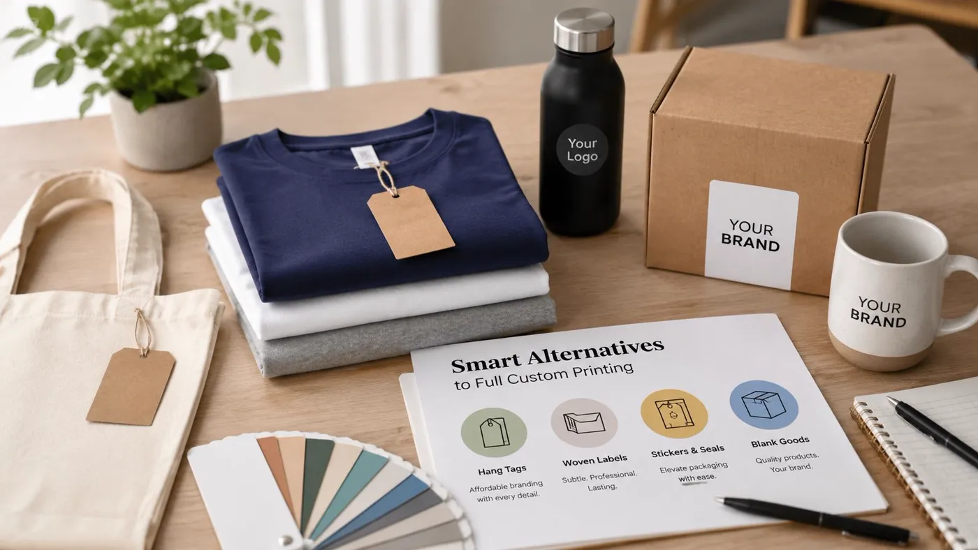 A professional desk setup featuring blank apparel, customized packaging, and branding resources for custom merchandise printing.
