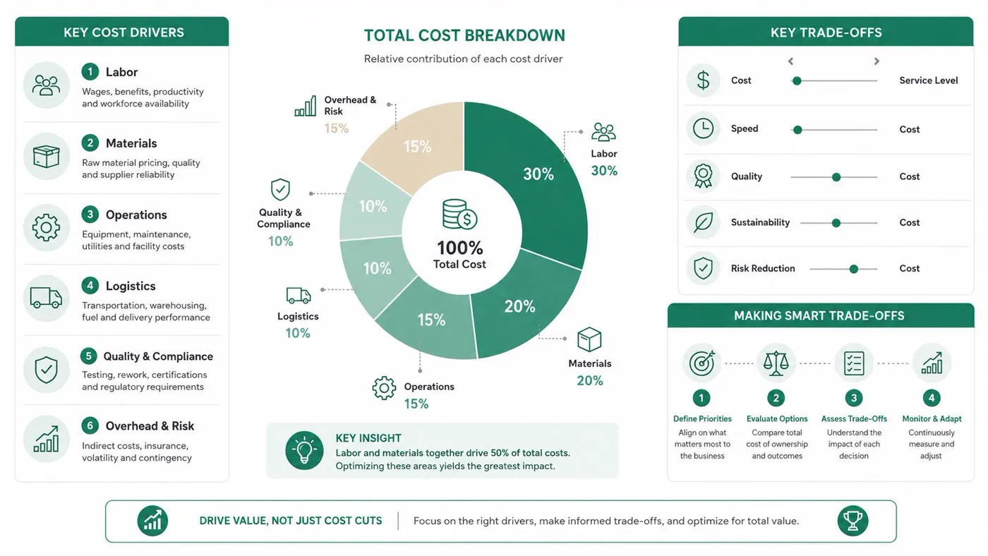 A business infographic illustrating the total cost breakdown, key cost drivers, and smart trade-off strategies for supply chain management.