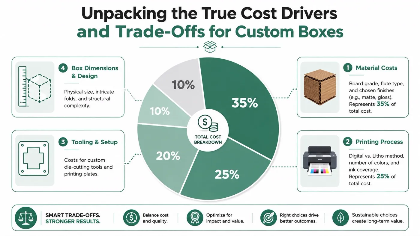 A pie chart infographic detailing the cost breakdown and factors influencing the price of custom shipping boxes.