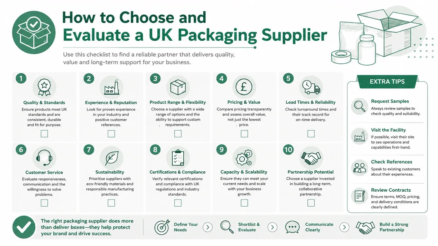 A checklist infographic titled How to Choose and Evaluate a UK Packaging Supplier for businesses.