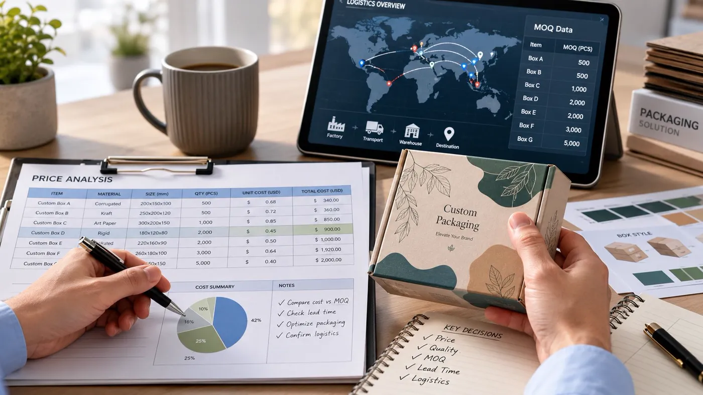 A person analyzing custom printed cardboard box pricing and logistics on a desk with charts and a tablet.