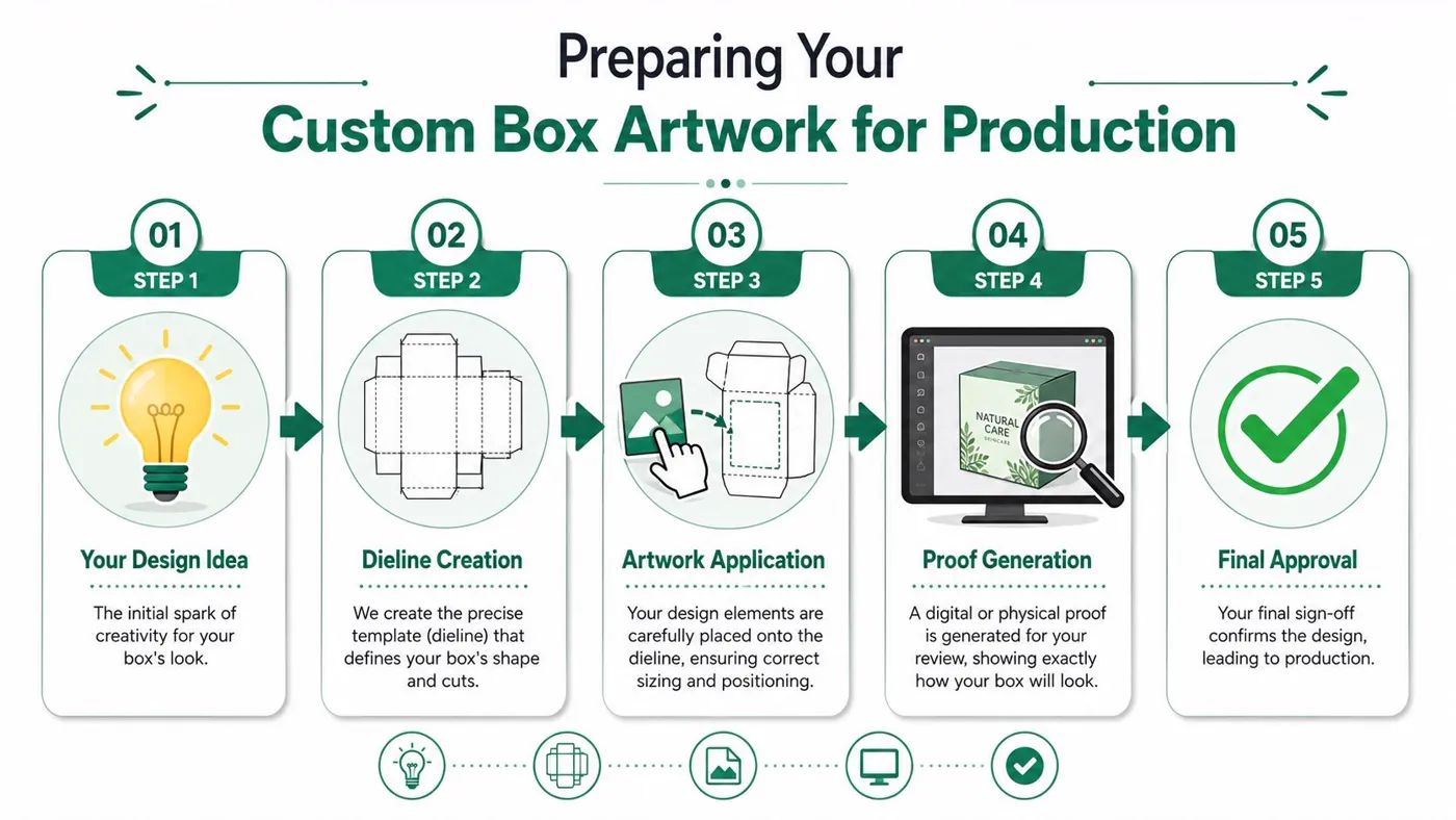 A 5-step infographic illustrating the professional production process for custom printed cardboard box packaging designs.