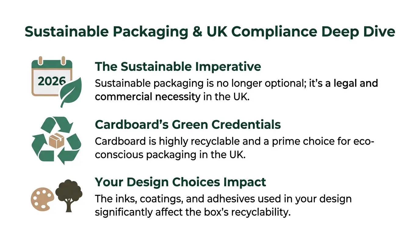 A graphic slide titled Sustainable Packaging & UK Compliance Deep Dive with icons about sustainability and recycling.