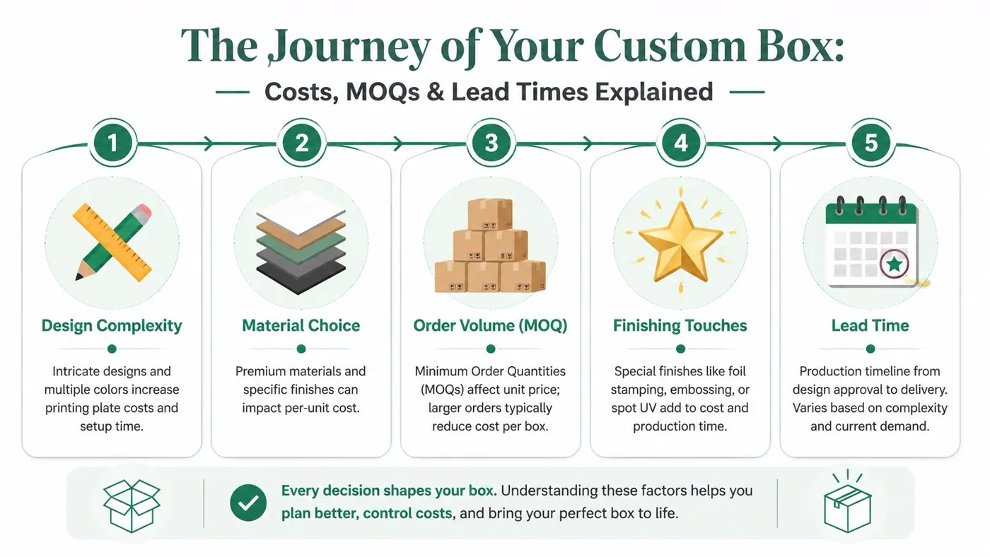 An infographic showing the five-step process of creating custom boxes including design, materials, volume, and lead time.