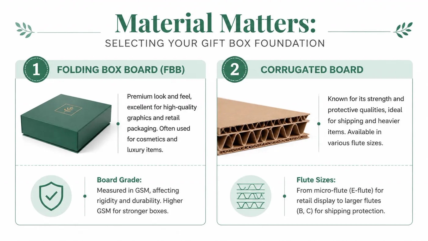 An infographic titled Material Matters showing the differences between Folding Box Board and Corrugated Board packaging materials.