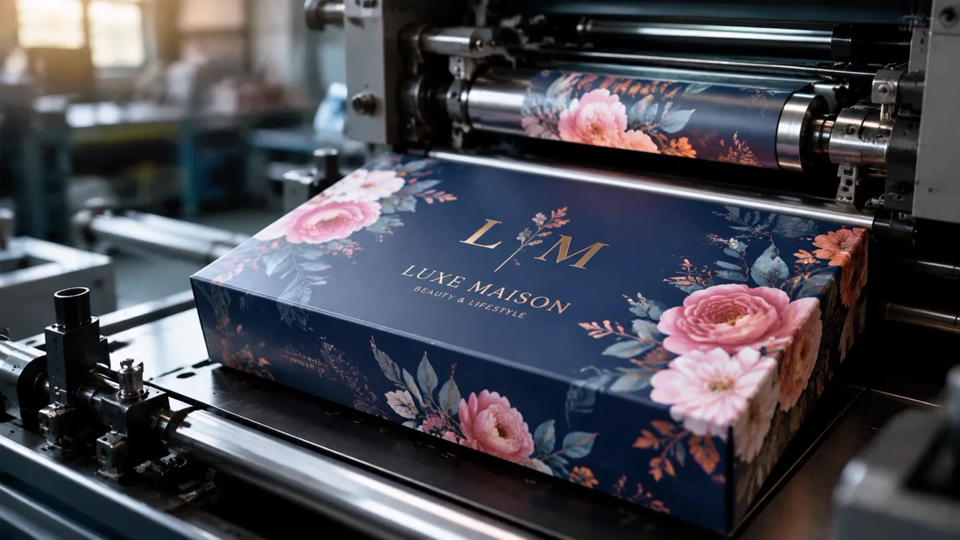 A professional industrial printing machine manufacturing a custom gift box with elegant floral designs and branding.