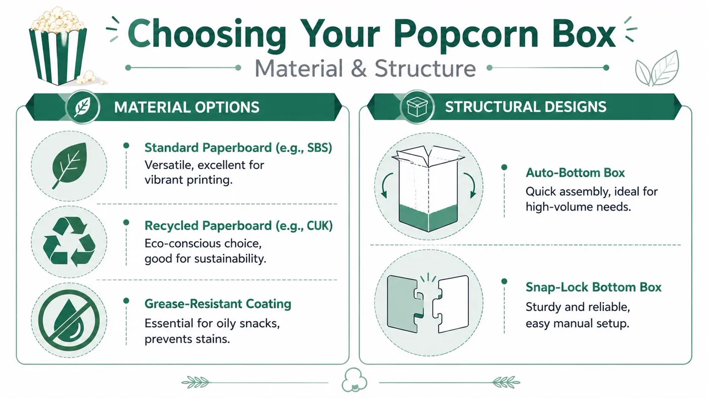 An infographic showing material options and structural designs for choosing custom popcorn boxes for food packaging.