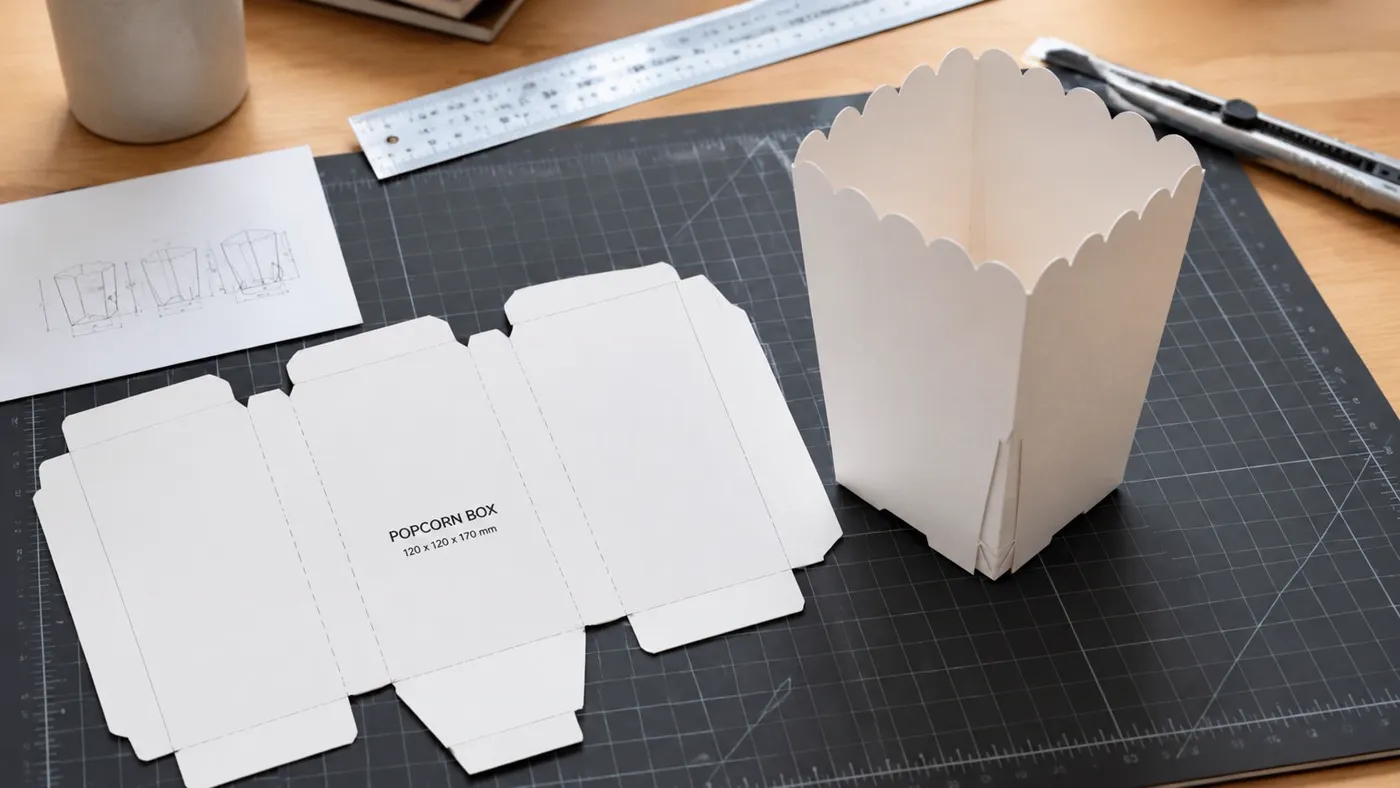 A template for a custom popcorn box laid flat alongside a fully assembled white paper popcorn container.