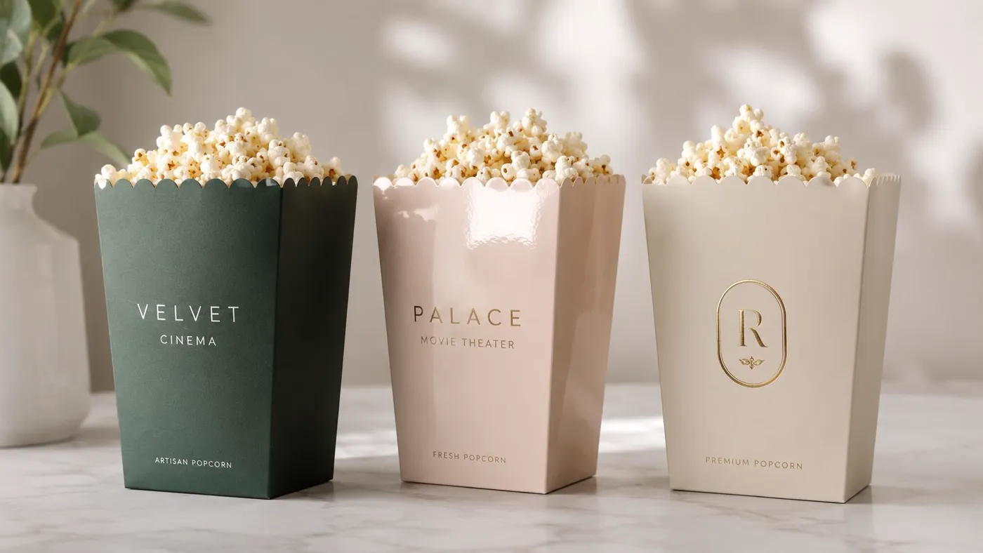 Three elegant popcorn boxes in different colors featuring luxury branding, displayed on a white marble tabletop.