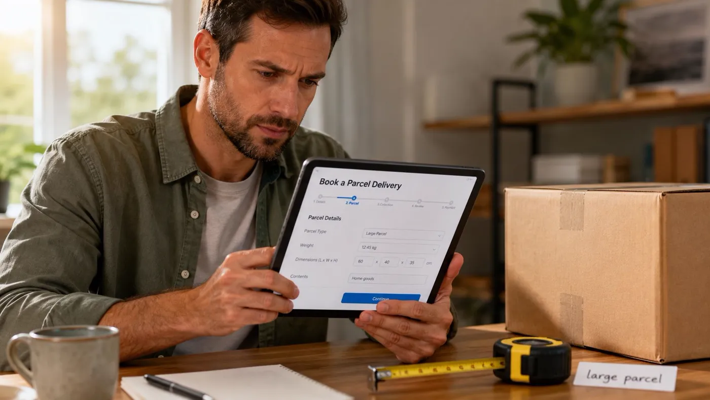 A man using a tablet to book a large parcel delivery while measuring a shipping box at home.