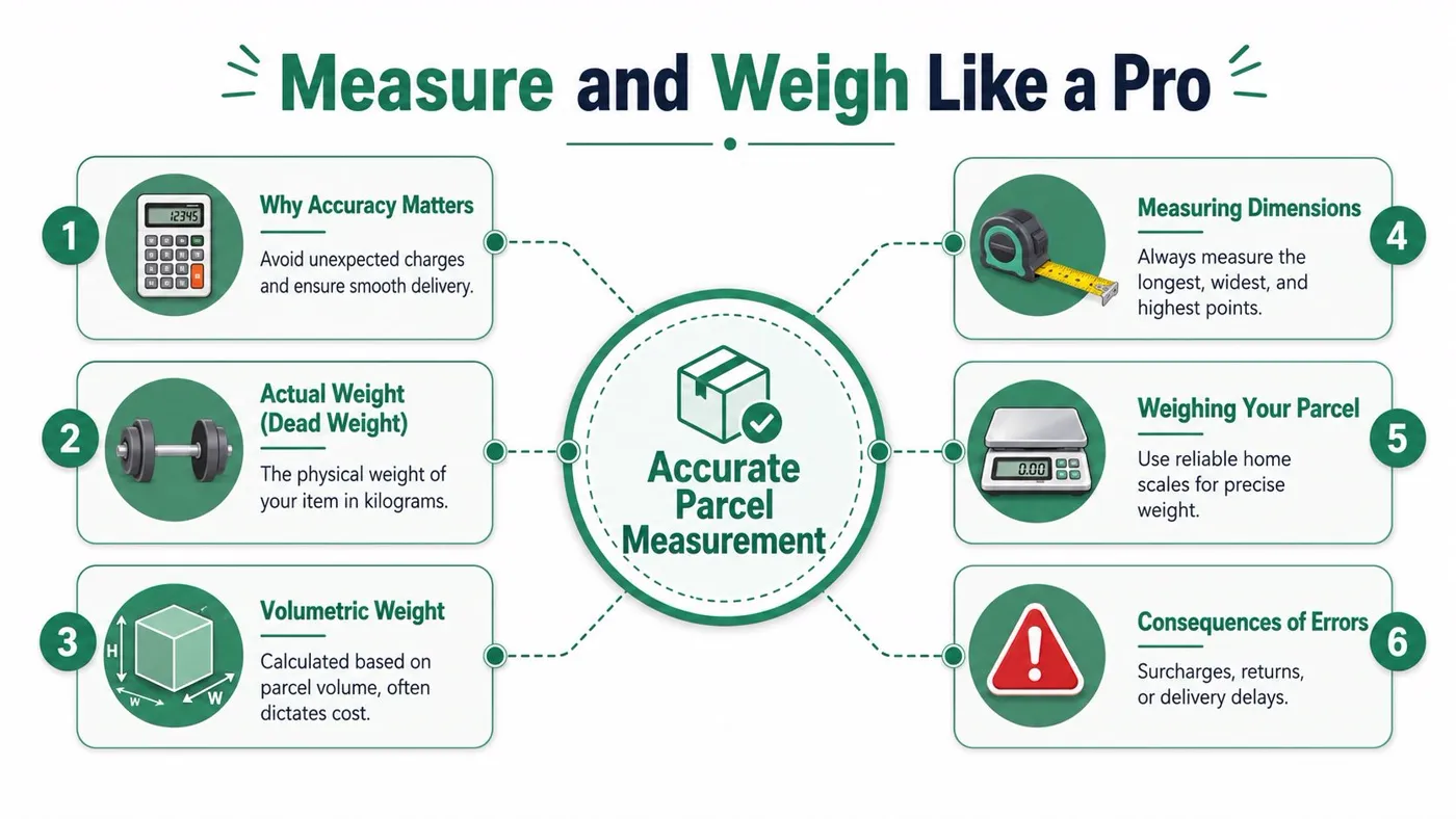 An infographic titled Measure and Weigh Like a Pro explaining steps for accurate parcel measurement and shipping.