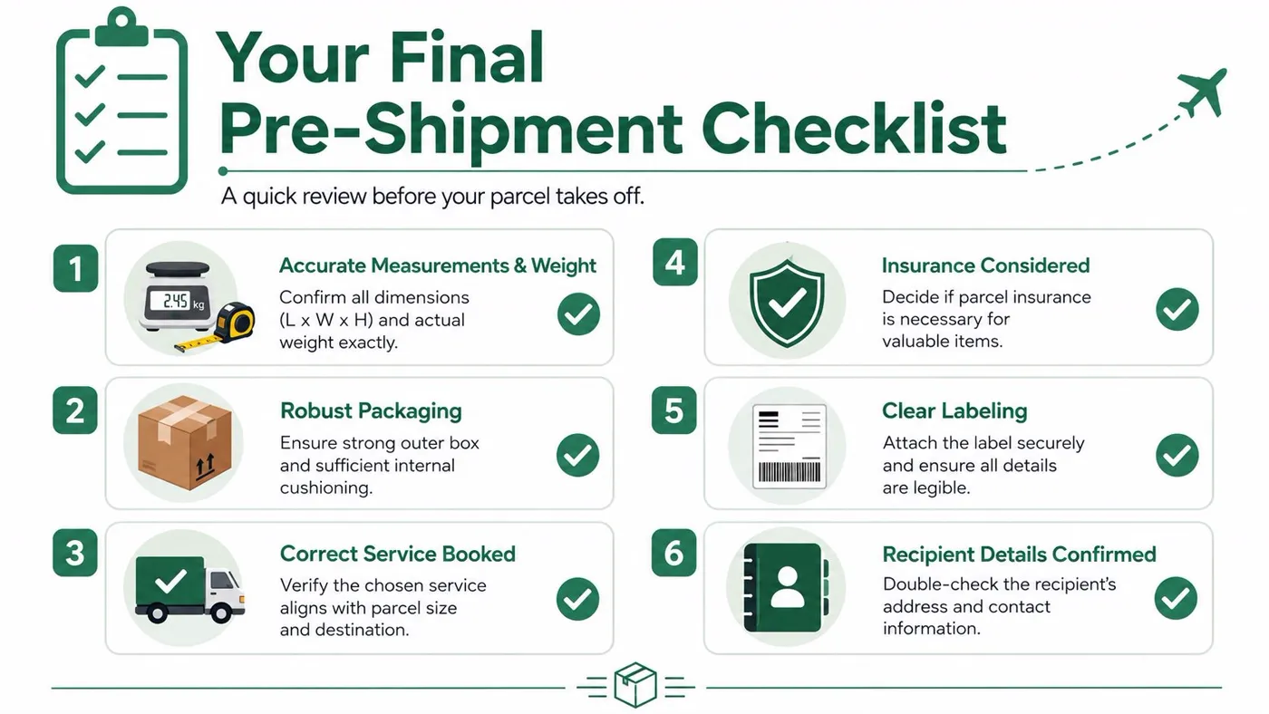 A green checklist graphic titled Your Final Pre-Shipment Checklist guiding users on preparing parcels for shipping.