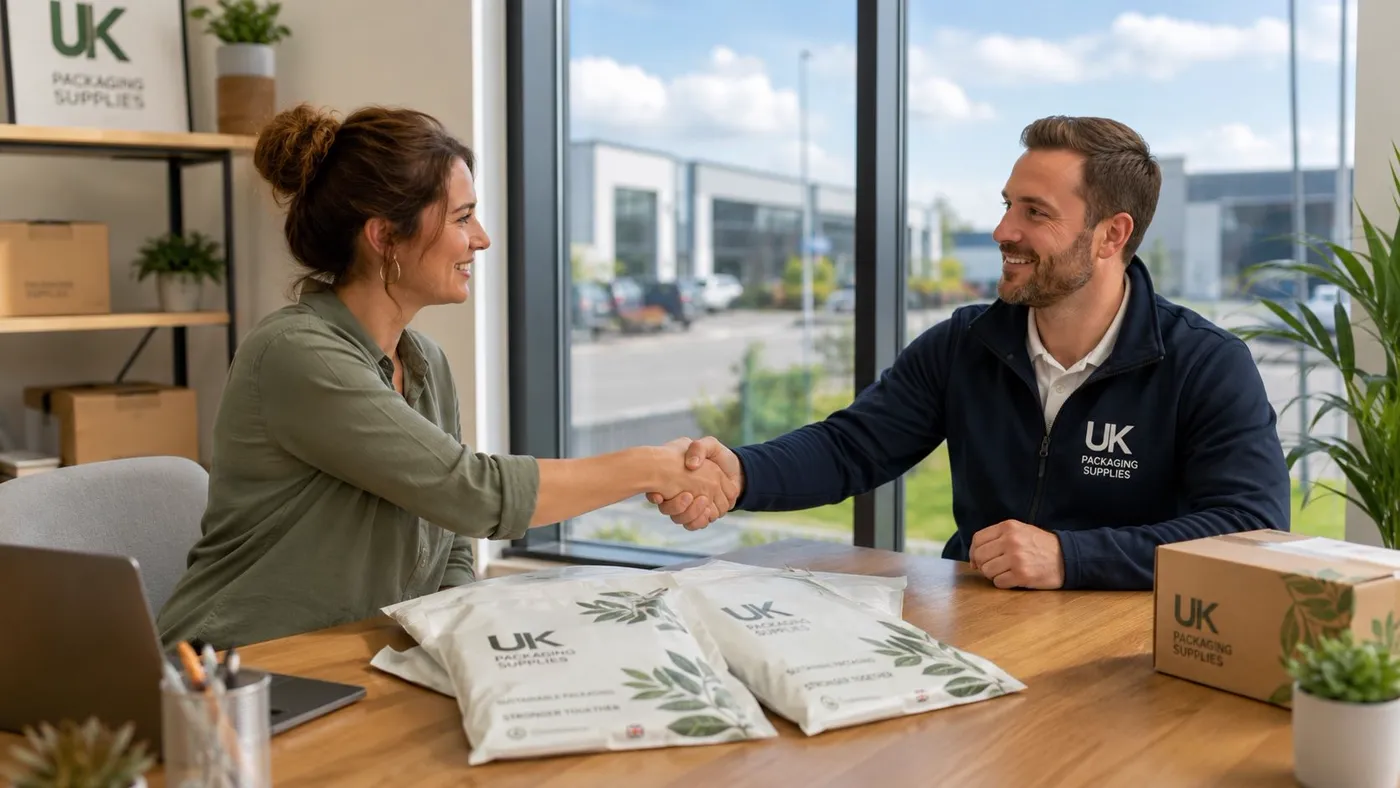 A professional woman and a man shaking hands over eco-friendly mailing bags at an office desk.