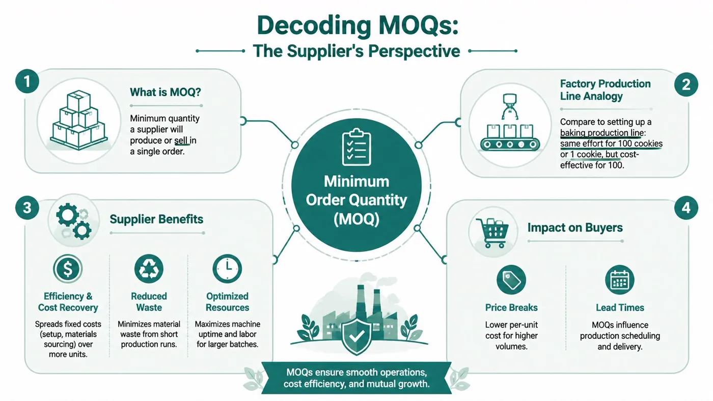 An infographic titled Decoding MOQs explaining the supplier perspective on Minimum Order Quantity and its business benefits.