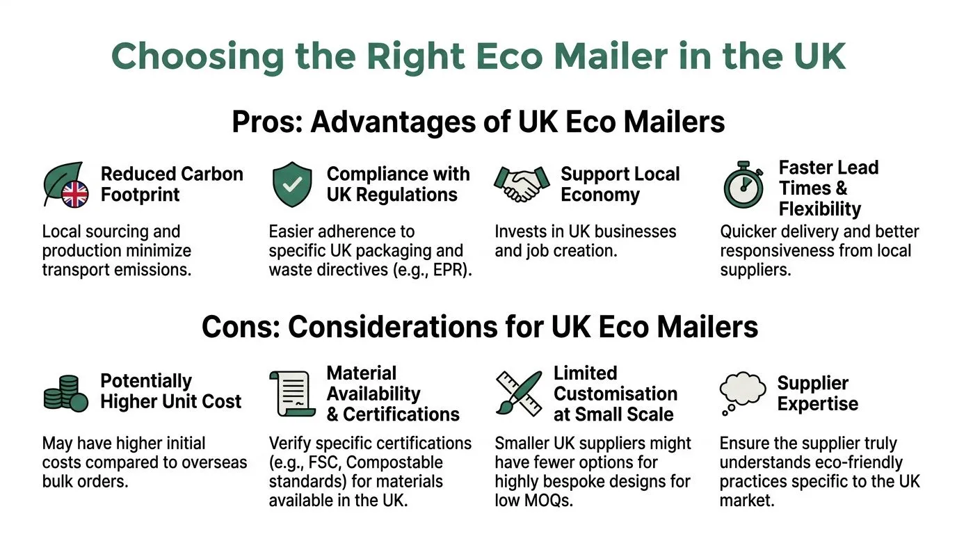 An infographic titled Choosing the Right Eco Mailer in the UK, detailing pros and cons for businesses.