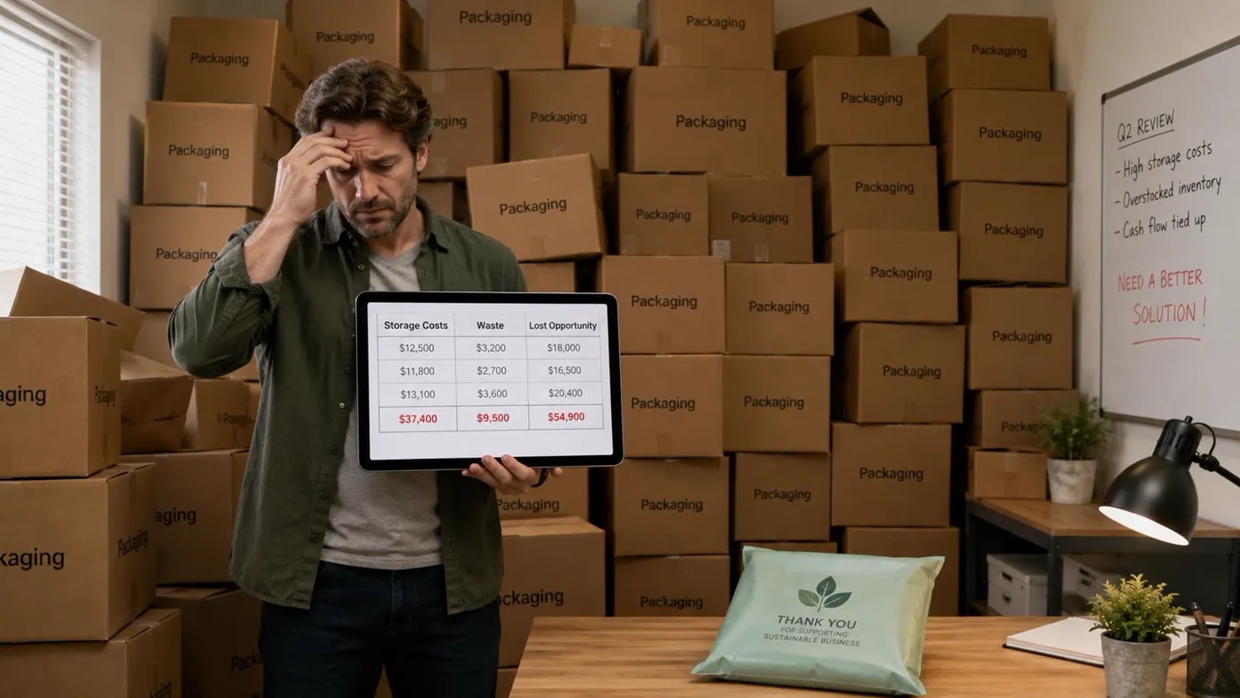 A man in a warehouse looking stressed while holding a tablet showing high business logistics costs.