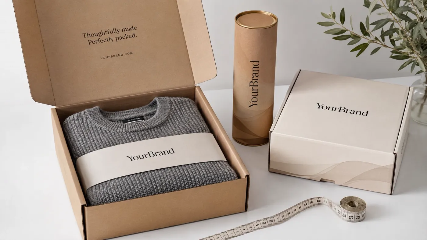 Open branded box containing a folded grey sweater next to a cylinder package and closed box.