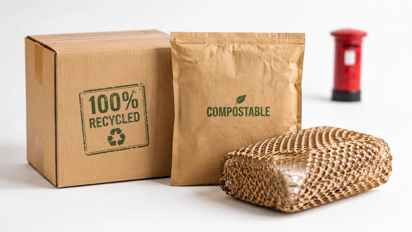 Environmentally friendly shipping materials including a recycled cardboard box, compostable mailer, and protective honeycomb paper packaging.