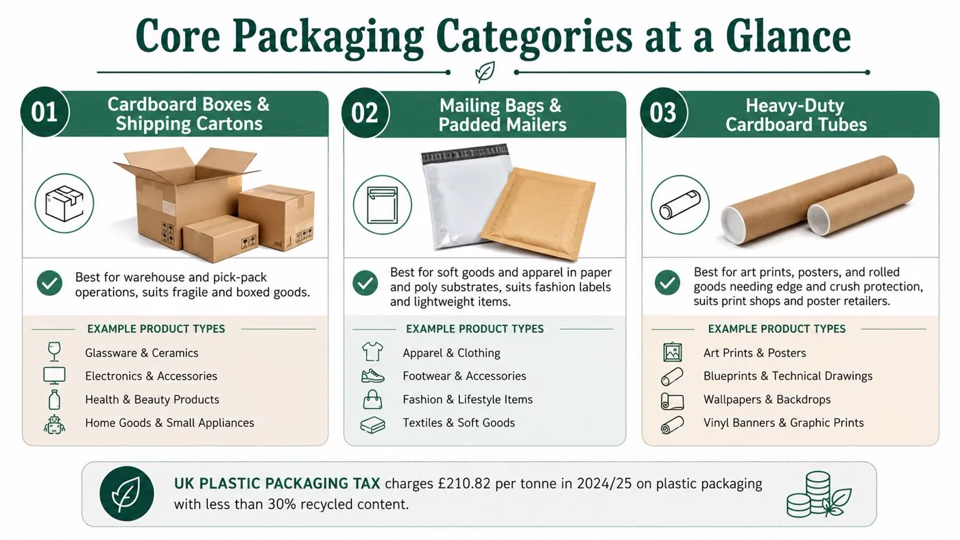 An infographic showing three main types of ecommerce packaging solutions: cardboard boxes, mailing bags, and shipping tubes.
