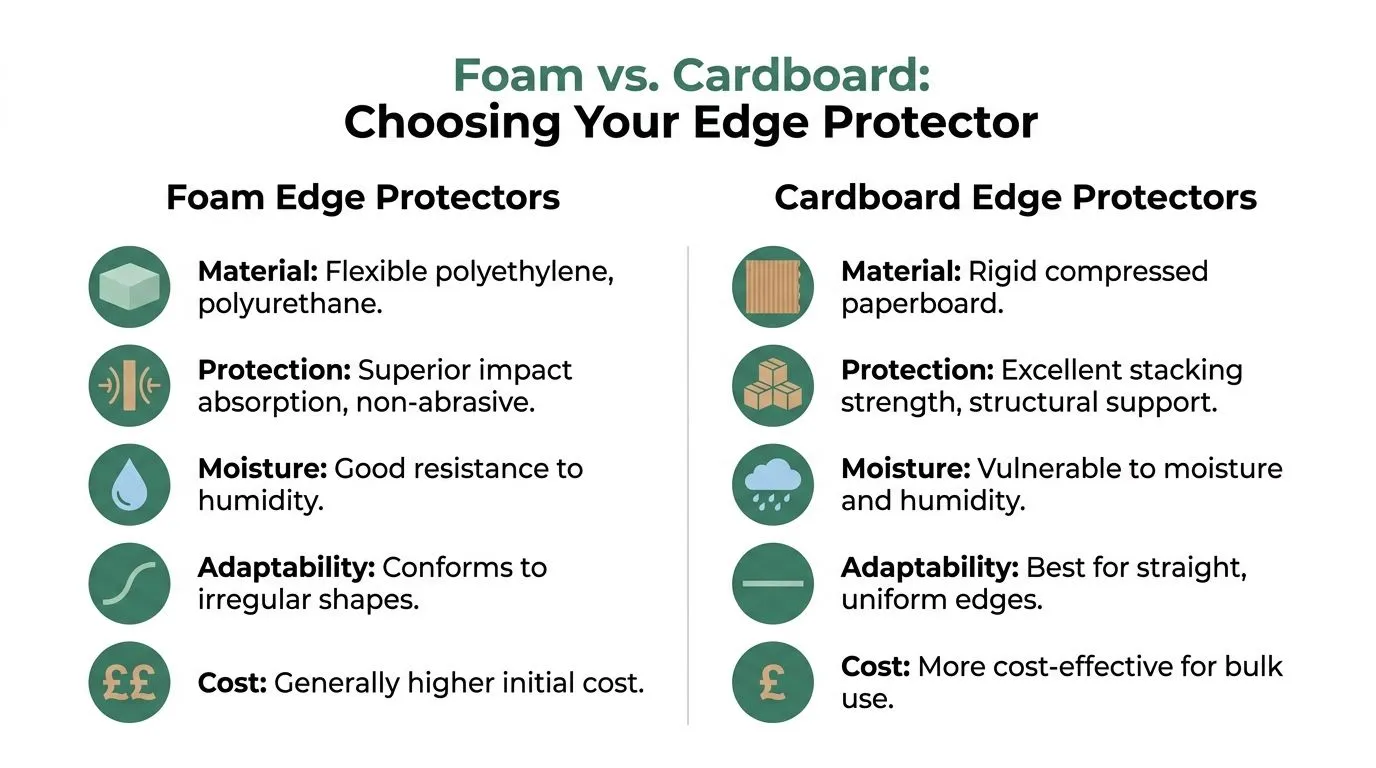 A comparison chart outlining the pros and cons of foam versus cardboard edge protectors for packaging.