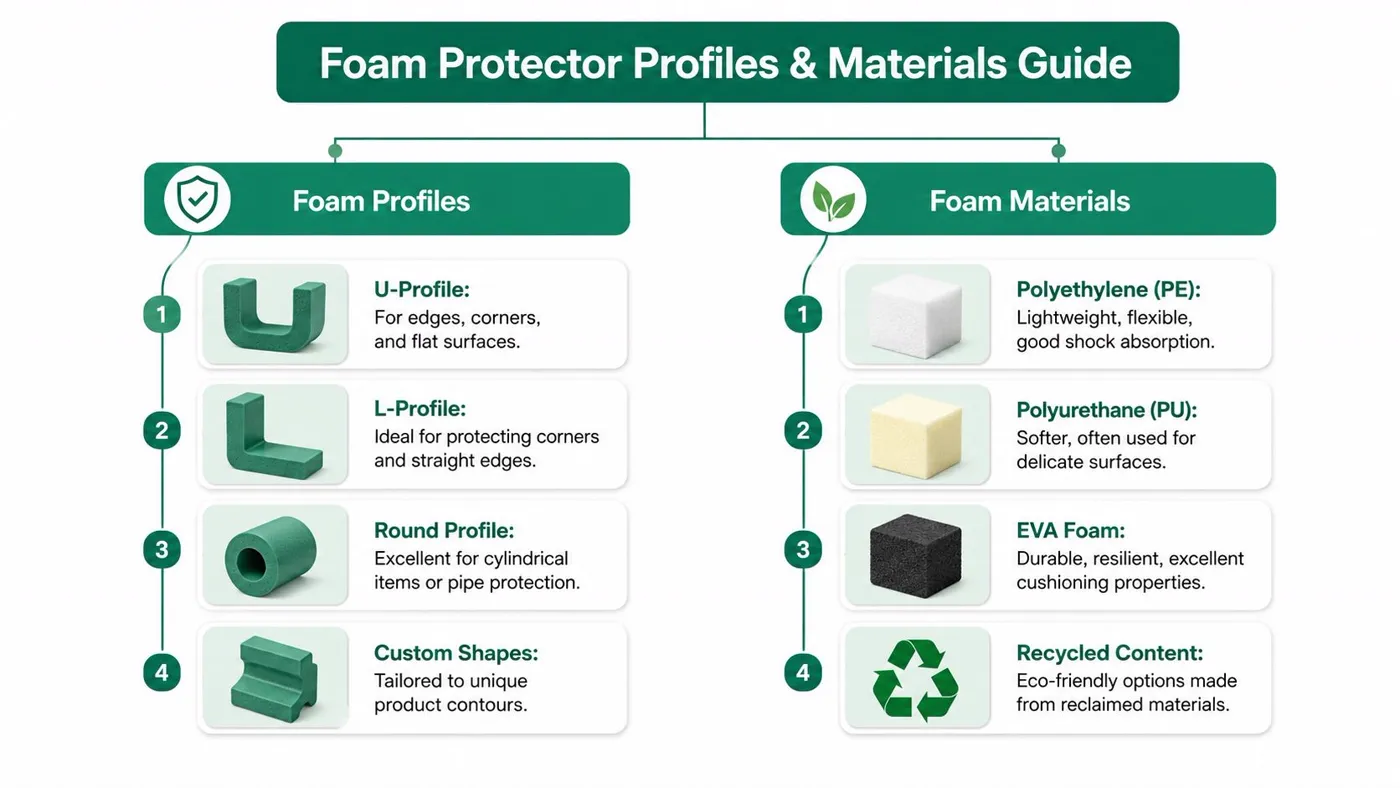 A guide illustrating various foam protector profiles and material types for industrial safety and product cushioning.