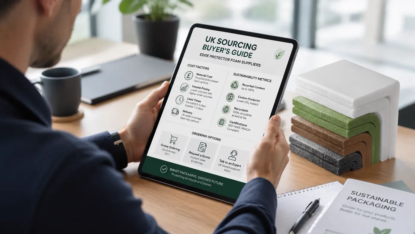 A person reviewing a digital UK sourcing guide for sustainable edge protector foam suppliers on a tablet.