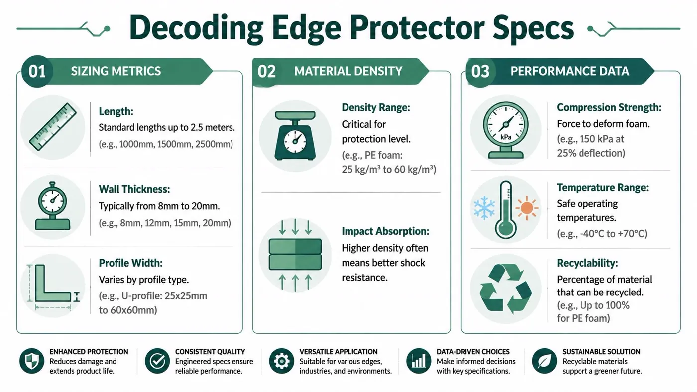 An infographic detailing technical specifications for edge protector foam including sizing, density, and performance metrics.