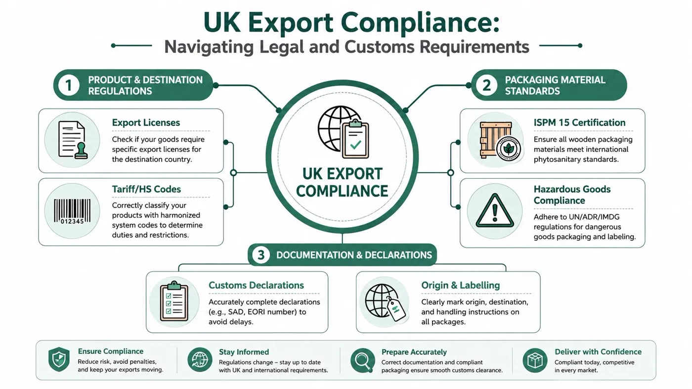 A detailed infographic explaining UK export compliance requirements regarding regulations, packaging standards, and necessary customs documentation.