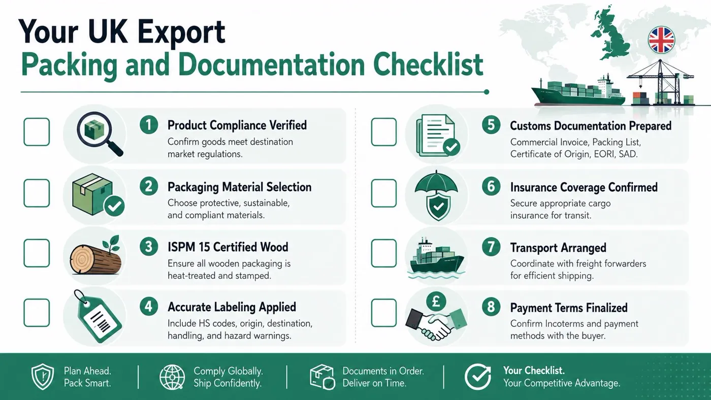 A comprehensive eight-step checklist for UK export packing and documentation requirements to ensure successful shipping compliance.